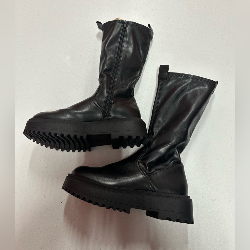 Black Platform Lug-Sole Mid-Calf Boots